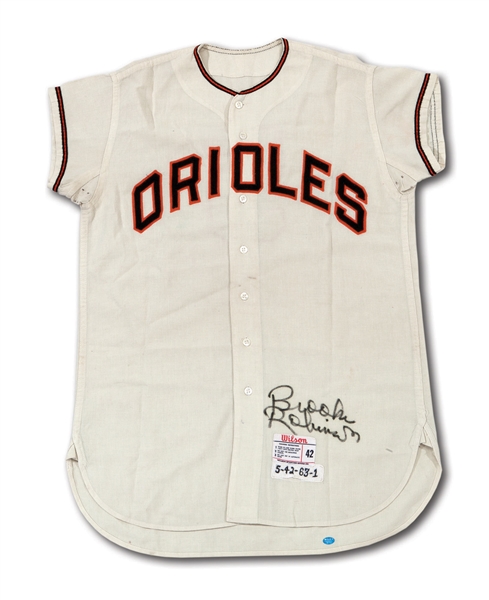 1963 BROOKS ROBINSON AUTOGRAPHED BALTIMORE ORIOLES GAME WORN HOME JERSEY (MEARS A10, DELBERT MICKEL COLLECTION)