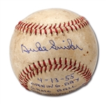 4/13/1955 OPENING DAY AT EBBETS FIELD GAME USED BASEBALL SIGNED AND INSCRIBED BY DUKE SNIDER