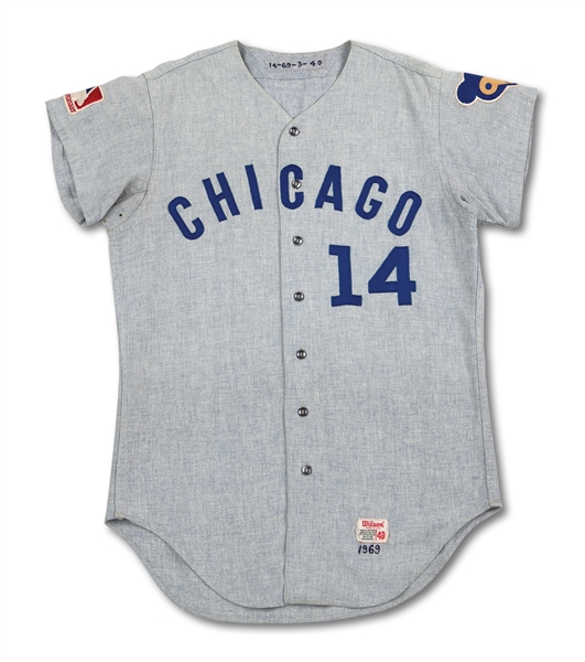 1969 ERNIE BANKS CHICAGO CUBS GAME WORN ROAD JERSEY (MEARS A10) - PREVIOUSLY UNKNOWN EXAMPLE WITH FANTASTIC PRIMARY SOURCE PROVENANCE