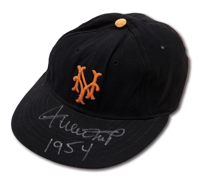 C.1954 WILLIE MAYS SIGNED & INSCRIBED NEW YORK GIANTS GAME WORN CAP (DOCUMENTED PROVENANCE)