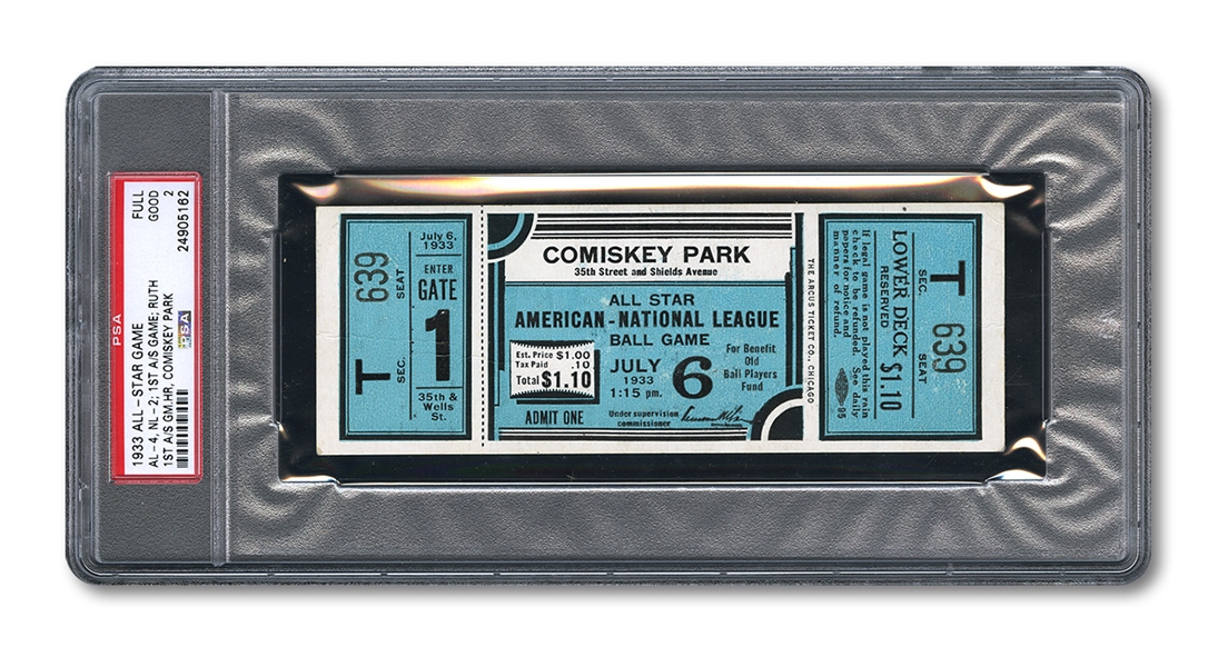 RARE 1933 MAJOR LEAGUE BASEBALL (INAUGURAL) ALL-STAR GAME FULL UNUSED TICKET PSA 2 GOOD – ONE OF TWO EXAMPLES AUTHENTICATED AND ENCAPSULATED BY PSA