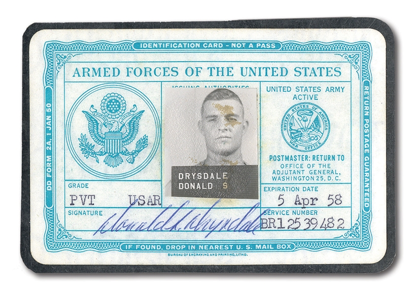 DON DRYSDALES PERSONAL SIGNED ARMED FORCES OF THE UNITED STATES IDENTIFICATION CARD (DRYSDALE COLLECTION)