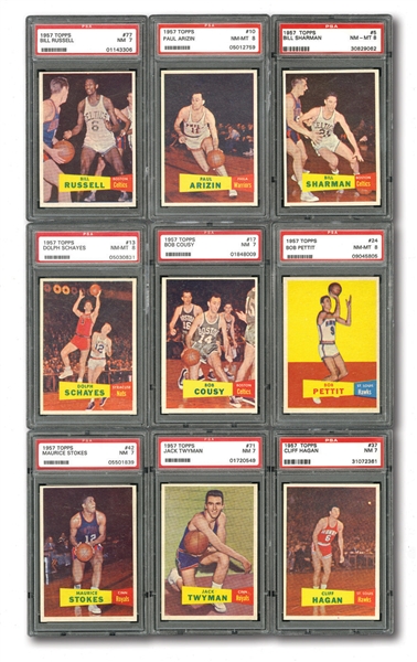 1957-58 TOPPS BASKETBALL PSA GRADED COMPLETE SET OF 80 (ABOUT 70% NM OR BETTER) - THE #15 SET ON THE PSA REGISTRY WITH A 6.770 SET RATING