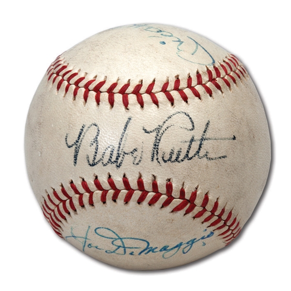 FINE BABE RUTH, JOE DIMAGGIO AND MICKEY MANTLE SIGNED BASEBALL WITH EXCEPTIONAL ORIGINAL OWNER PROVENANCE