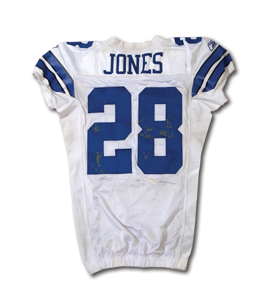 2009 FELIX JONES DALLAS COWBOYS GAME WORN HOME JERSEY WITH HEAVY WEAR - PHOTO MATCHED (DELBERT MICKEL COLLECTION) 