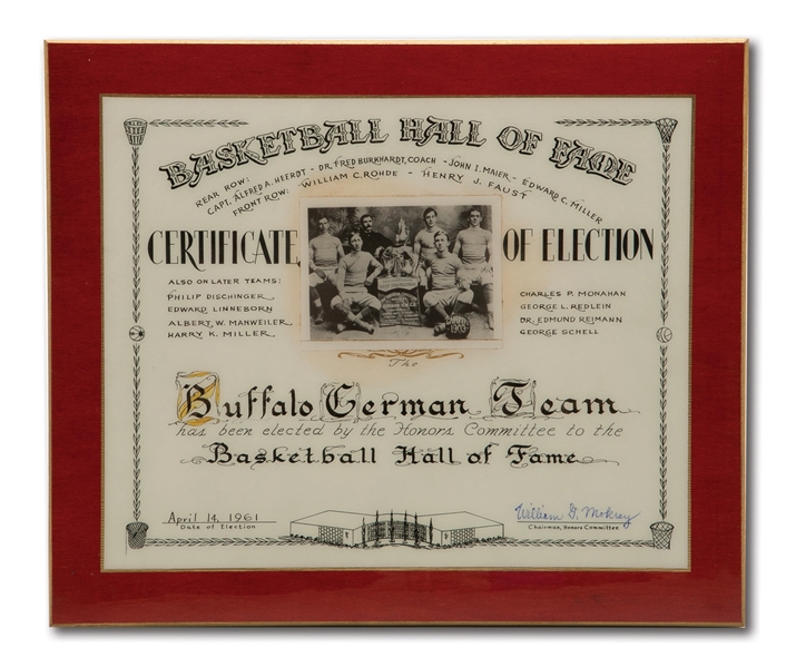 APRIL 14, 1961 BUFFALO GERMAN TEAM BASKETBALL HALL OF FAME CERTIFICATE OF ELECTION