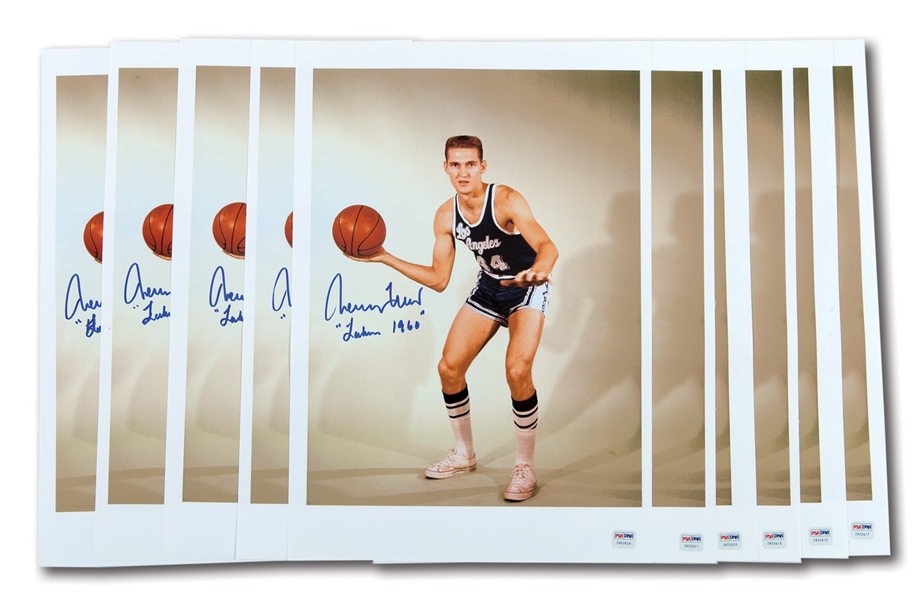 JERRY WEST LOT OF (11) SIGNED PHOTOS INCLUDING (1) 16 X 20 OF HIS 1970 NBA FINALS HALFCOURT SHOT INSCRIBED "MR. CLUTCH 4/29/70" (LE 8/100)