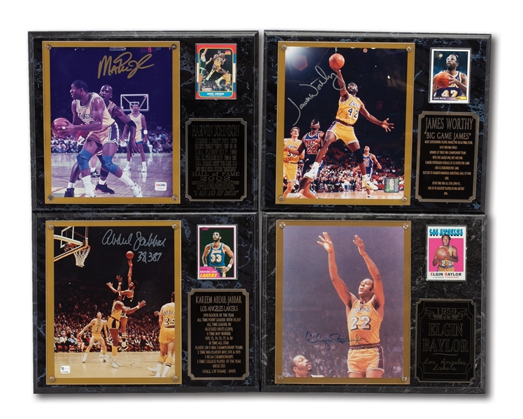 LOS ANGELES LAKERS LEGENDS LOT OF (6) SINGLE SIGNED 8 X 10 PHOTOS INCL. WEST, KAREEM, BAYLOR, MAGIC, WORTHY, AND KOBE