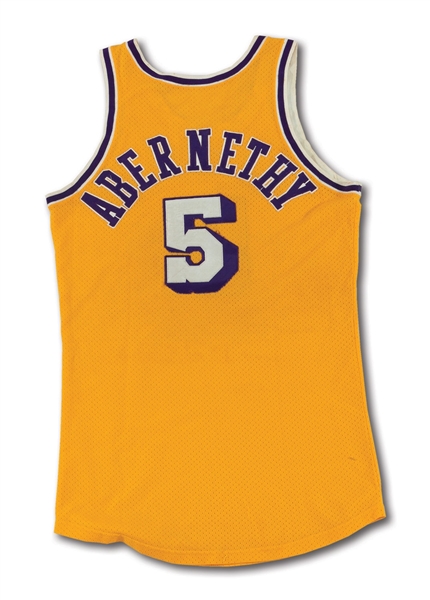 1976-78 TOM ABERNETHY LOS ANGELES LAKERS GAME WORN HOME JERSEY SIGNED BY 5 LAKERS INCL. MAGIC JOHNSON