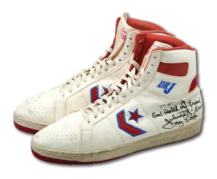 JULIUS ERVINGS GAME WORN SHOES FROM THE FINAL GAME OF HIS CAREER - SIGNED & INSCRIBED "MAY 3, 1987" IN LOCKER ROOM AFTER PLAYOFF GAME AT BUCKS (SANDY GROSSMAN FAMILY LOA)