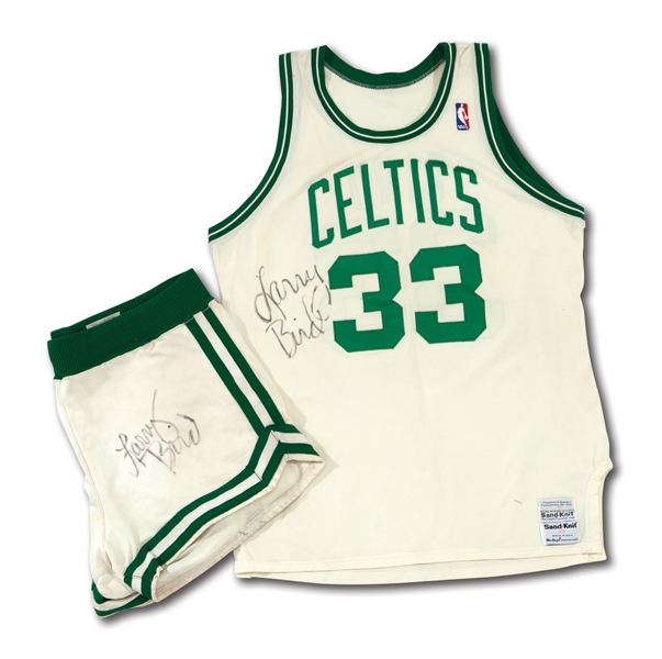 1986-87 LARRY BIRD BOSTON CELTICS GAME WORN (INCL. PLAYOFFS) & DUAL-SIGNED HOME UNIFORM - DOCUMENTED PROVENANCE FROM BIRDS CAR DEALERSHIP (MEARS A10)