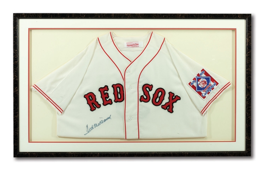 TED WILLIAMS AUTOGRAPHED BOSTON RED SOX MITCHELL & NESS REPLICA JERSEY IN FRAMED DISPLAY (RUTH FAMILY LOA)