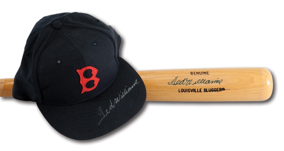 TED WILLIAMS AUTOGRAPHED BAT AND BOSTON RED SOX REPLICA CAP PAIR (RUTH FAMILY LOA)