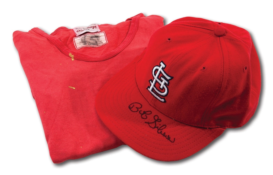 BOB GIBSON ATTRIBUTED ST. LOUIS CARDINALS GAME WORN UNDERSHIRT AND AUTOGRAPHED CAP PAIR (DELBERT MICKEL COLLECTION)