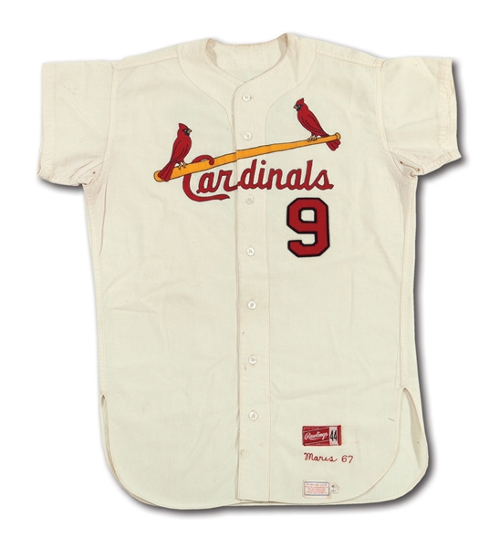 1967 ROGER MARIS ST. LOUIS CARDINALS (WORLD CHAMPIONSHIP SEASON) GAME WORN HOME JERSEY (MEARS A9, DELBERT MICKEL COLLECTION)