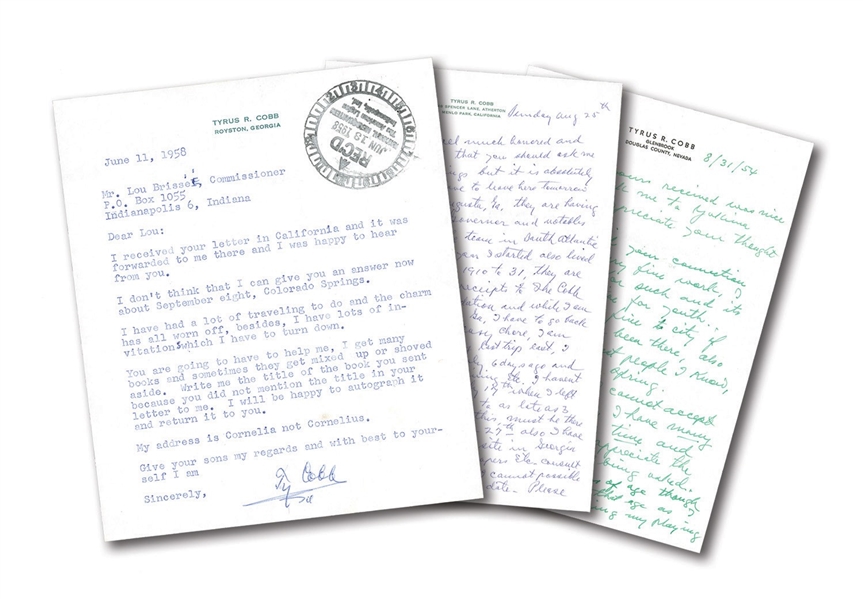 GROUP OF (3) TY COBB 1950S LETTERS TO LOU BRISSIE INCL. (2) MULTI-PAGE HANDWRITTEN AND (1) TLS ALL WITH HAND-ADDRESSED ENVELOPES (BRISSIE FAMILY LOA)