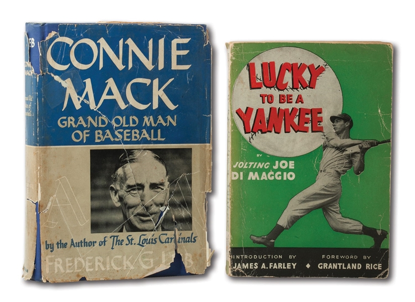 JOE DIMAGGIO SIGNED COPY OF "LUCKY TO BE A YANKEE" AND CONNIE MACK INSCRIBED COPY OF "GRAND OLD MAN OF BASEBALL" TO LOU BRISSIE (BRISSIE FAMILY LOA)