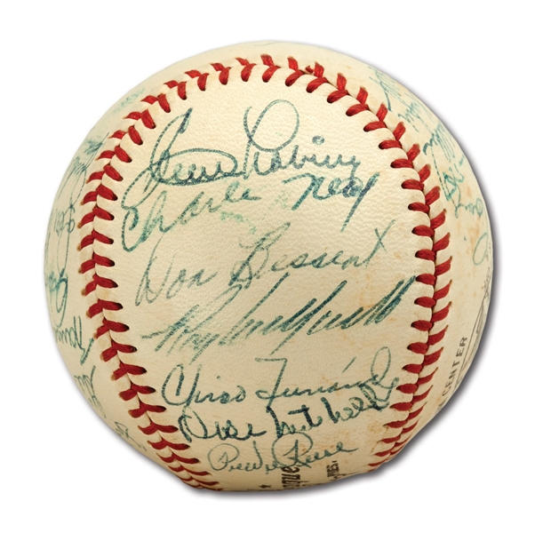WALTER ALSTONS 1956 BROOKLYN DODGERS NATIONAL LEAGUE CHAMPION TEAM SIGNED ONL (GILES) BASEBALL WITH JACKIE, CAMPY & KOUFAX (ALSTON COLLECTION)
