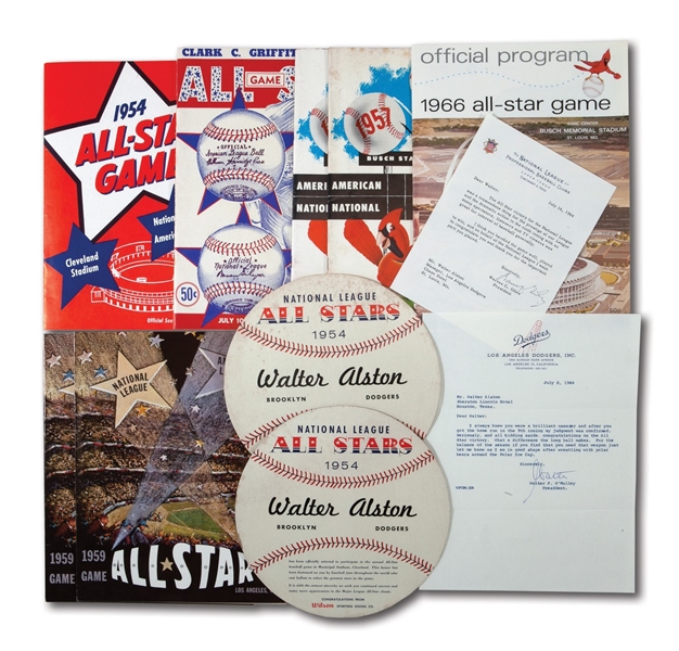 WALTER ALSTONS LOT OF ALL-STAR GAME RELATED ITEMS INCL. (7) 1954-59 PROGRAMS AND (2) 1966 CONGRATULATORY LETTERS FROM WARREN GILES AND WALTER OMALLEY (ALSTON COLLECTION)