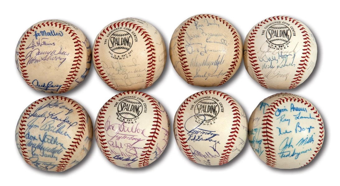 WALTER ALSTONS LOT OF (8) 1962-69 LOS ANGELES DODGERS TEAM SIGNED BASEBALLS INCL. 1963 & 1965 WORLD SERIES CHAMPIONS AND 1966 NL CHAMPIONS (ALSTON COLLECTION)