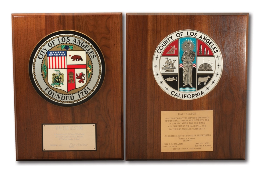 WALTER ALSTONS PAIR OF HONORARY PLAQUES FROM THE CITY AND COUNTY OF LOS ANGELES (ALSTON COLLECTION)