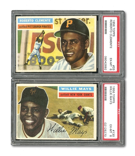 1956 TOPPS #33 ROBERTO CLEMENTE AND #130 WILLIE MAYS PSA EX-MT 6