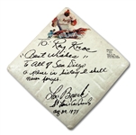 LOU BROCK SIGNED AND DATED "AUGUST 29, 1977" BASE INSCRIBED TO MCDONALD’S FOUNDER RAY KROC COMEMORATING HIS ALL-TIME RECORD 893RD STOLEN BASE AT SAN DIEGO STADIUM (SDHOC COLLECTION)