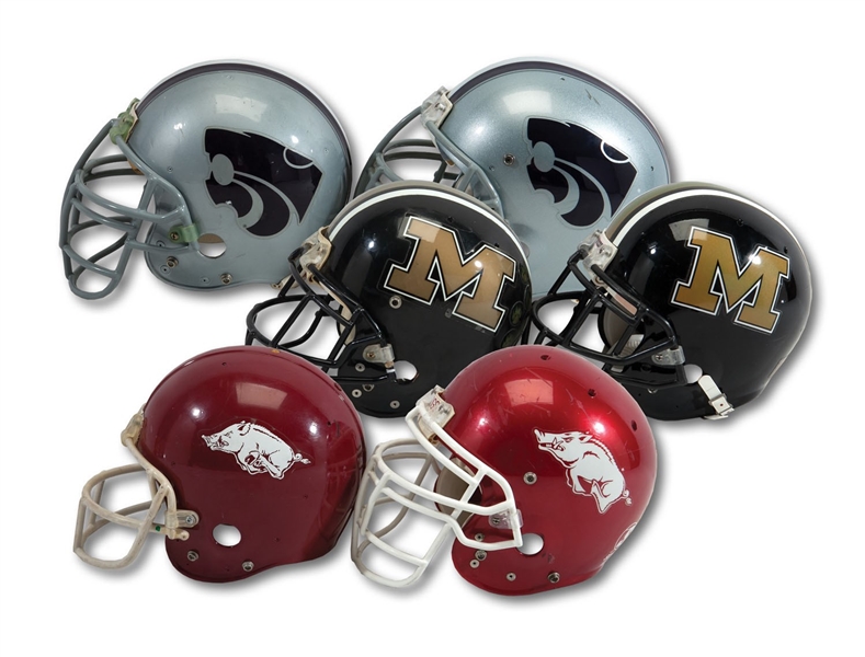 LOT OF (6) GAME USED HELMETS INCL. (2) ARKANSAS RAZORBACKS, (2) MISSOURI TIGERS, AND (2) KANSAS STATE WILDCATS (SDHOC COLLECTION)
