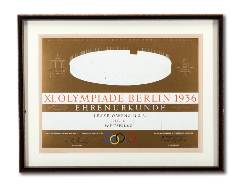 JESSE OWENS 1936 BERLIN OLYMPIC GAMES 1ST PLACE WINNERS DIPLOMA FOR THE MENS LONG JUMP (OWENS ESTATE COLLECTION)