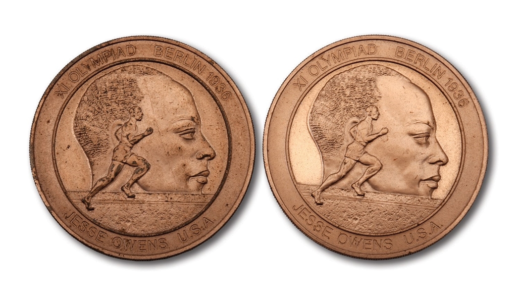 JESSE OWENS PAIR OF 1936 BERLIN OLYMPIC GAMES COMMEMORATIVE BRONZE COINS HONORING HIS 4 GOLD MEDALS (OWENS ESTATE COLLECTION)