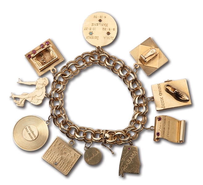 JESSE OWENS 14K GOLD CHARM BRACELET HONORING HIS MANY ACCOMPLISHMENTS AND PRESENTED TO HIS WIFE ON APRIL 27, 1960 NBC EPISODE OF "THIS IS YOUR LIFE" (OWENS ESTATE COLLECTION)