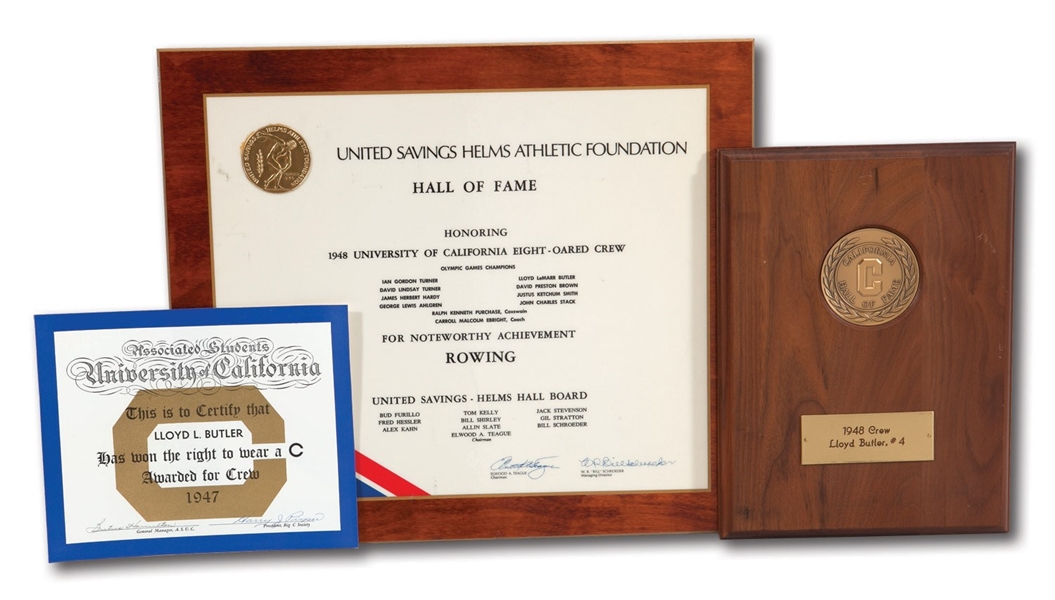 LLOYD BUTLERS LOT OF 1947-48 UNIVERSITY OF CALIFORNIA-BERKELEY ROWING AWARDS AND PROGRAMS INCL. HELMS & CAL HALL OF FAME PLAQUES (BUTLER COLLECTION)