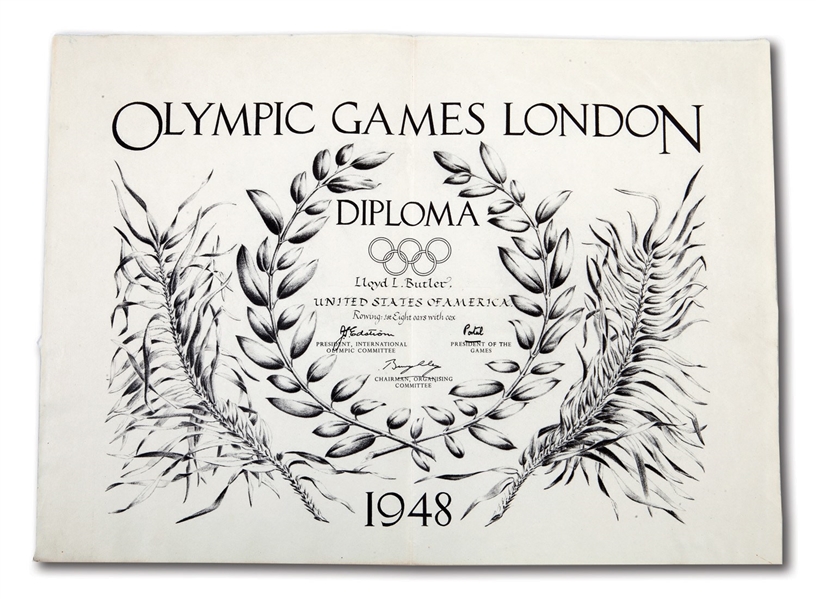 1948 LONDON SUMMER OLYMPIC GAMES 1ST PLACE WINNERS DIPLOMA FOR ROWING (EIGHT OARS WITH COX) AWARDED TO USAS LLOYD BUTLER (BUTLER COLLECTION)