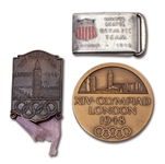 1948 LONDON SUMMER OLYMPICS PARTICIPATION MEDAL, PARTICIPANTS BADGE, AND USA OLYMPIC TEAM BELT BUCKLE ALL ISSUED TO ROWER LLOYD BUTLER (BUTLER COLLECTION)