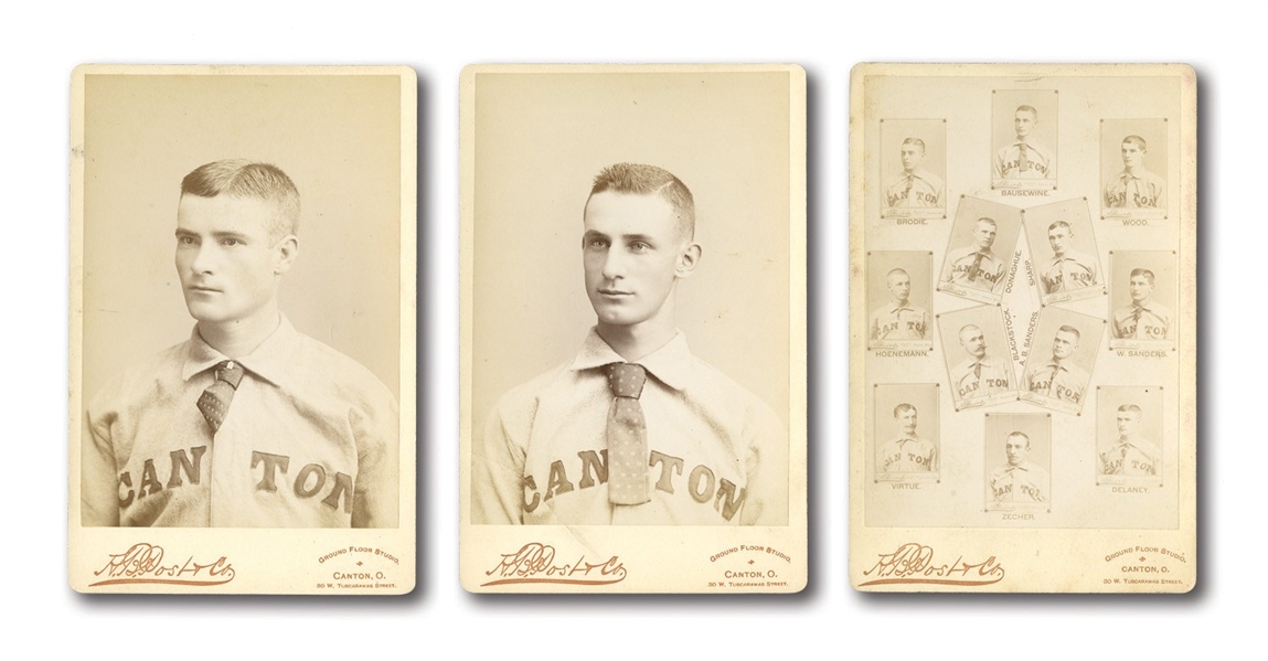 1887-88 CANTON MINOR LEAGUE BASEBALL TEAM COMPOSITE CABINET PHOTO AND TWO INDIVIDUAL PLAYER (BAUSEWINE & DELANEY) CABINET PHOTOS (JAKE VIRTUE COLLECTION)