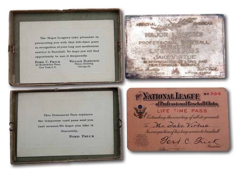 JAKE VIRTUES MAJOR LEAGUE BASEBALL LIFETIME PASS IN ORIGINAL BOX WITH PRESENTATION CARDS AND NATIONAL LEAGUE LIFETIME PASS (JAKE VIRTUE COLLECTION)