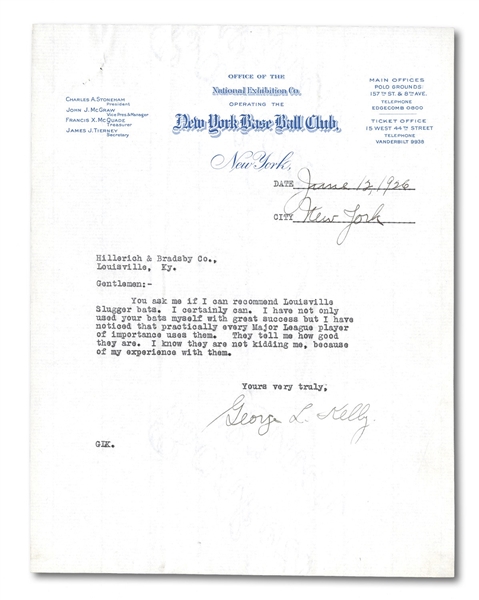 1926 GEORGE KELLY TLS ON NEW YORK GIANTS LETTERHEAD TO HILLERICH & BRADSBY PRAISING LOUISVILLE SLUGGER BATS