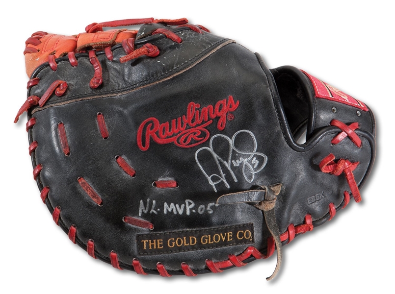 2005 ALBERT PUJOLS (1ST MVP SEASON) PLAYOFFS GAME USED & SIGNED FIRST BASEMANS GLOVE PHOTOMATCHED TO NLCS GAMES 5 & 6 - FAMOUS GW 3-RUN HR OFF LIDGE AND FINAL GAME EVER PLAYED AT OLD BUSCH STADIUM (PUJOLS FOUNDATION LOA, PSA/DNA GU LOA)