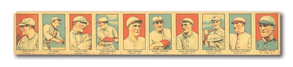 1921 W551 COMPLETE SET OF (10) IN UNCUT STRIP (AS ISSUED) INCL. RUTH, COBB, JOHNSON, SPEAKER AND 4 OTHER HOFERS