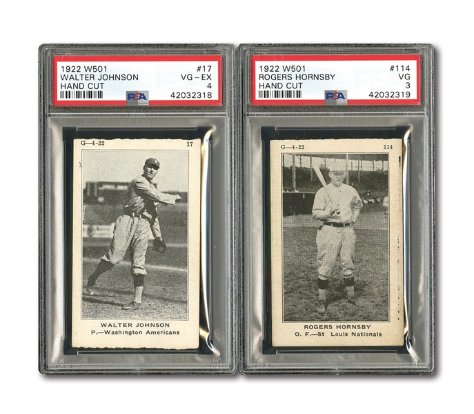 1922 W501 #17 WALTER JOHNSON PSA VG-EX 4 AND #114 ROGERS HORNSBY PSA VG 3