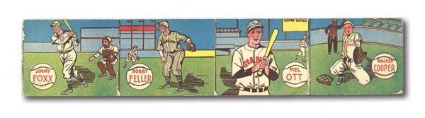 1943 M.P. & CO. R302 BASEBALL UNCUT PANEL OF 4 WITH FOXX, OTT, FELLER AND COOPER