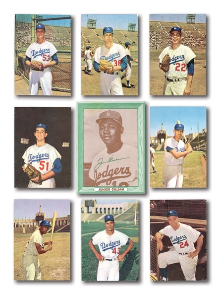 1958-61 L.A. DODGERS LOT OF (8) 1960 MORRELL MEATS (INCL. DRYSDALE) AND (2) BELL BRAND JIM GILLIAM CARDS (ONE STILL IN WRAPPER)