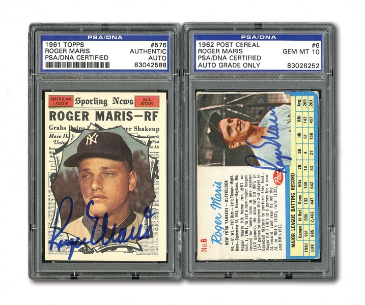 PAIR OF 1961 TOPPS #576 AND 1962 POST CEREAL #6 ROGER MARIS AUTOGRAPHED CARDS