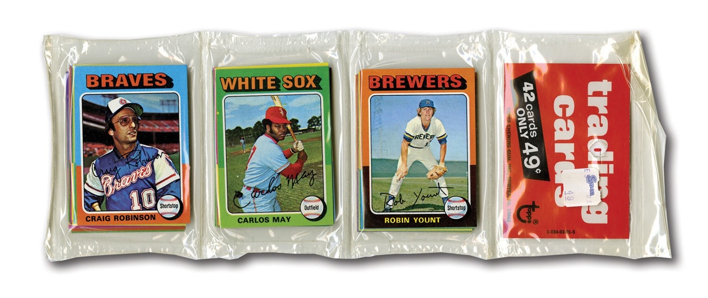1975 TOPPS BASEBALL MINI UNOPENED RACK PACK WITH #223 ROBIN YOUNT ROOKIE SHOWING