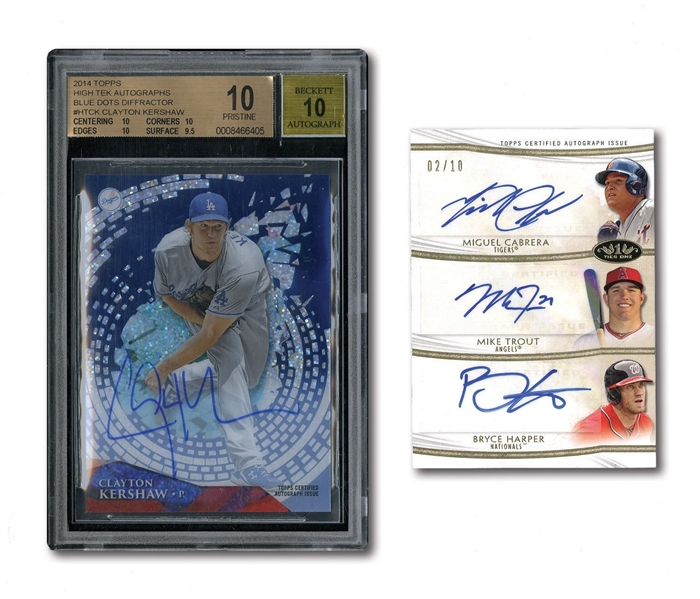 2014 TOPPS TIER ONE MIKE TROUT, BRYCE HARPER & MIGUEL CABRERA TRIPLE AUTOGRAPHED CARD PLUS 2014 TOPPS HIGH TEK AUTOGRAPHS BLUE DOTS DIFFRACTOR CLAYTON KERSHAW (BGS PRISTINE 10 / BECKETT 10 AUTO.)