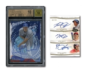 2014 TOPPS TIER ONE MIKE TROUT, BRYCE HARPER & MIGUEL CABRERA TRIPLE AUTOGRAPHED CARD PLUS 2014 TOPPS HIGH TEK AUTOGRAPHS BLUE DOTS DIFFRACTOR CLAYTON KERSHAW (BGS PRISTINE 10 / BECKETT 10 AUTO.)