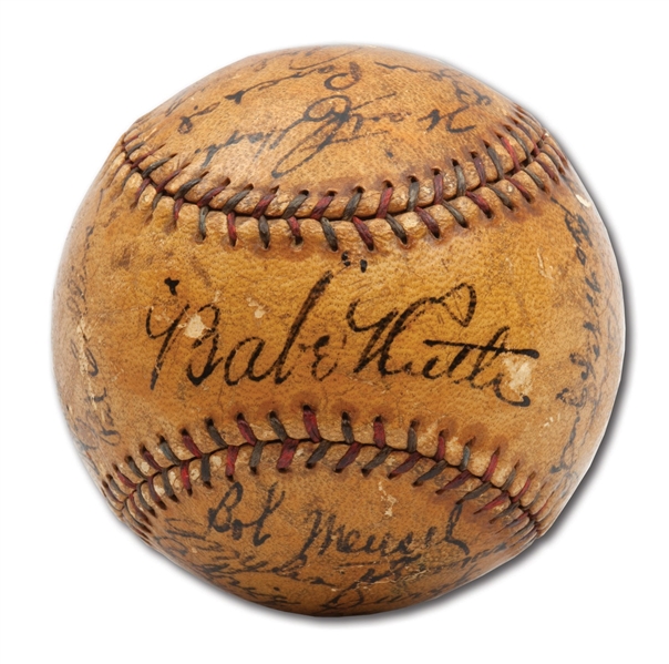 7/4/1927 NEW YORK YANKEES WORLD CHAMPION TEAM SIGNED OAL BASEBALL INCL. RUTH & GEHRIG WITH FOURTH OF JULY NOTATION