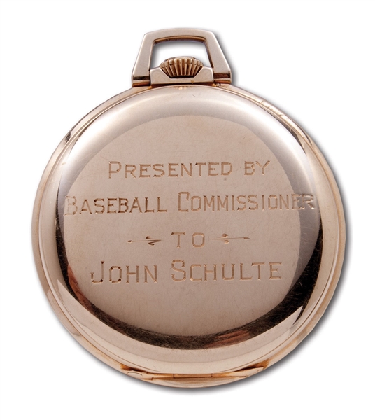 1947 NEW YORK YANKEES WORLD SERIES CHAMPIONS 14K GOLD HAMILTON POCKET WATCH ISSUED TO COACH JOHN SCHULTE