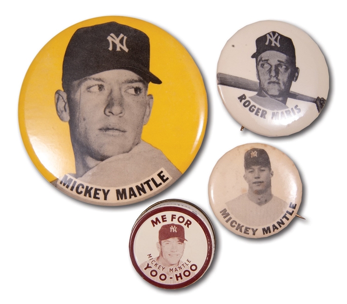 COLLECTION OF MICKEY MANTLE AND ROGER MARIS SOUVENIR PINBACKS PLUS 1959 MICKEY MANTLE "YOO-HOO" BOTTLE CAP