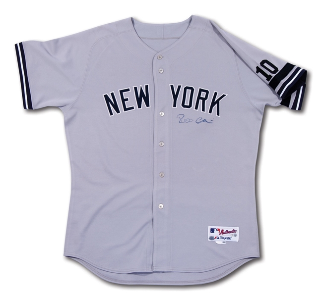 2007 ROBINSON CANO SIGNED NEW YORK YANKEES GAME WORN (INCL. ALDS) ROAD JERSEY WITH #10 RIZZUTO PATCH & BLACK MEMORIAL ARMBAND (STEINER LOA, MLB AUTH.)